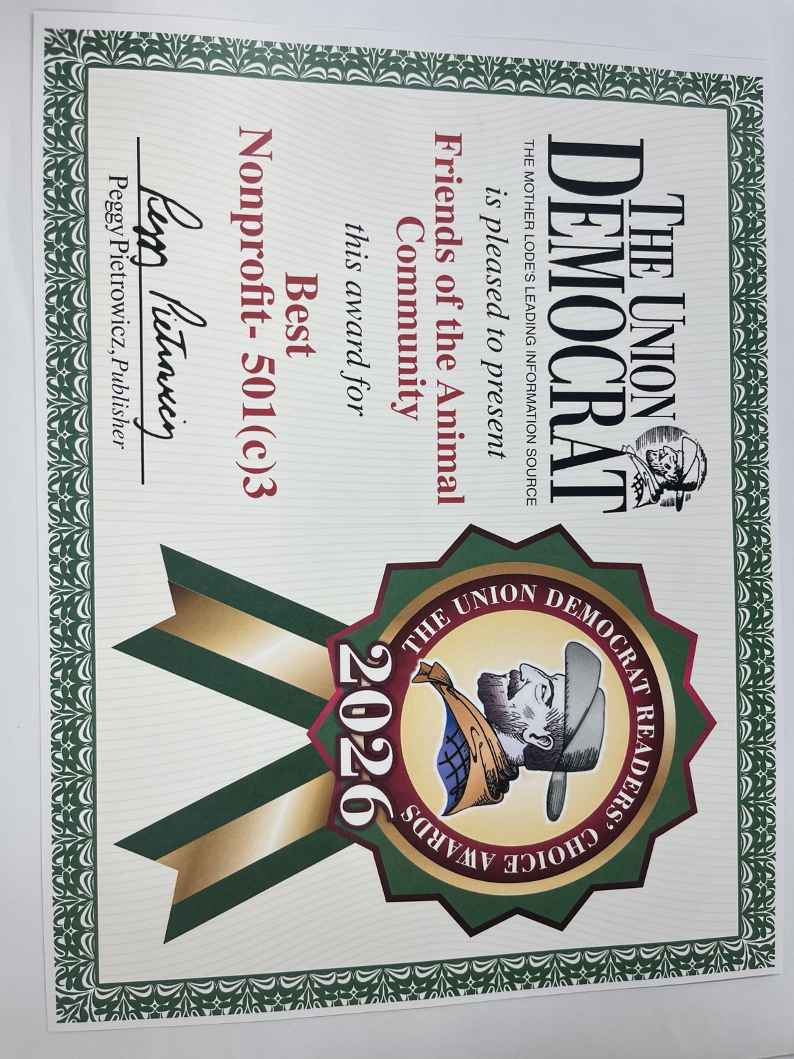 The Union Democrat’s 2026 Readers’ Choice certificate naming Friends of the Animal Community Best Nonprofit in the 501(c)(3) category